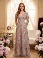 Mauve Mesh with Floral Embroidery A-Line V-Neck Zipper Back Floor Length Dress - Curvevia