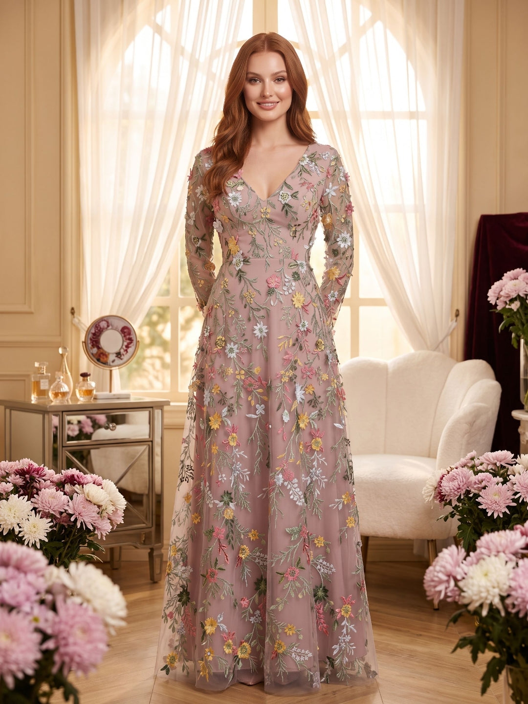 Mauve Mesh with Floral Embroidery A-Line V-Neck Zipper Back Floor Length Dress - Curvevia