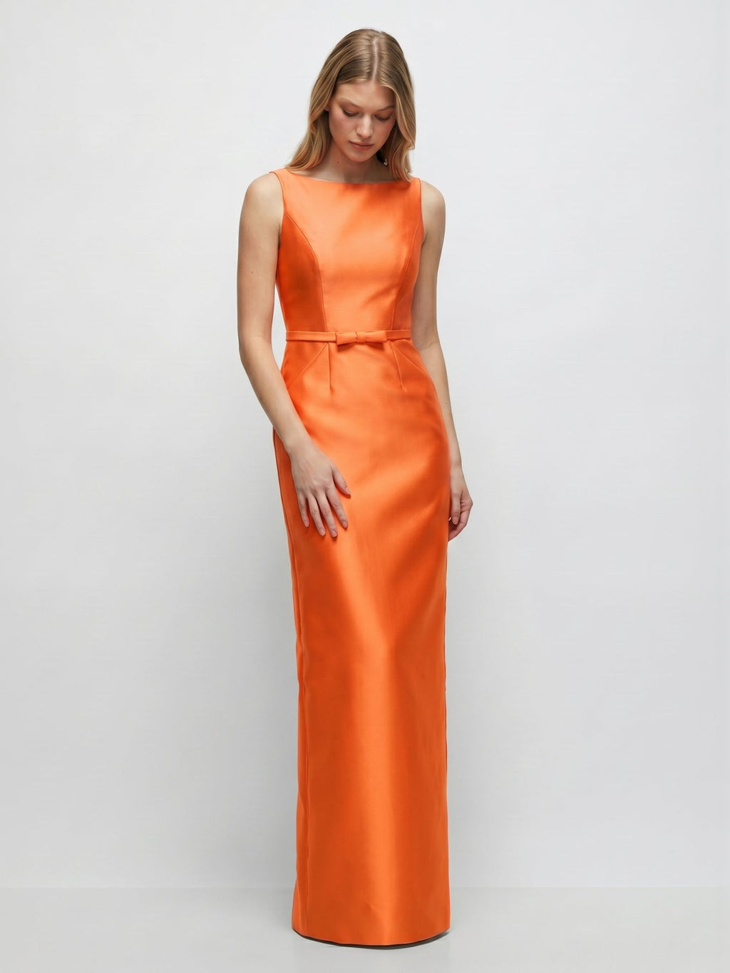 Minimalist Orange Satin Sheath Straight Neck V-Back Floor-Length Bridesmaid Dress with Bow - Curvevia