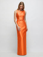 Minimalist Orange Satin Sheath Straight Neck V-Back Floor-Length Bridesmaid Dress with Bow - Curvevia
