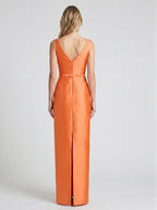 Minimalist Orange Satin Sheath Straight Neck V-Back Floor-Length Bridesmaid Dress with Bow - Curvevia