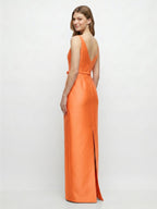 Minimalist Orange Satin Sheath Straight Neck V-Back Floor-Length Bridesmaid Dress with Bow - Curvevia