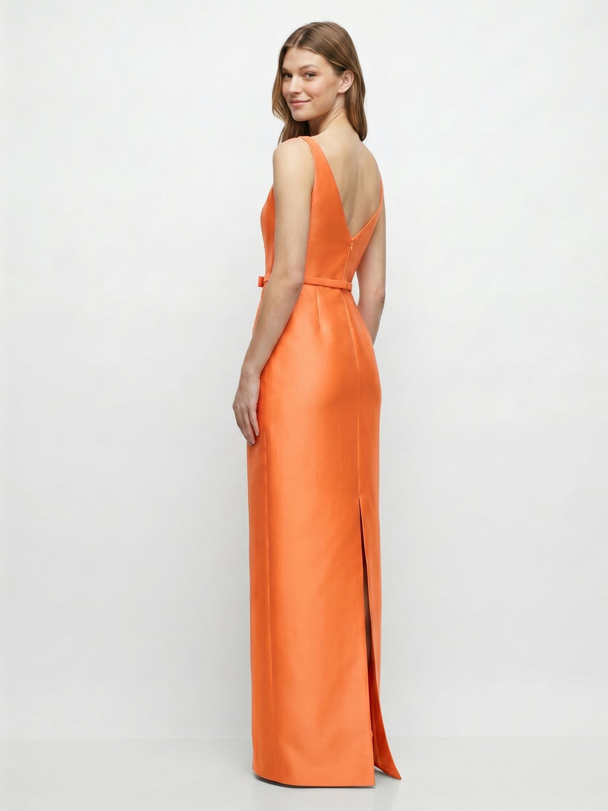 Minimalist Orange Satin Sheath Straight Neck V-Back Floor-Length Bridesmaid Dress with Bow - Curvevia