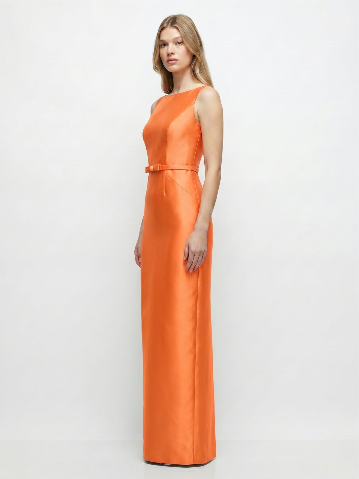 Minimalist Orange Satin Sheath Straight Neck V-Back Floor-Length Bridesmaid Dress with Bow - Curvevia