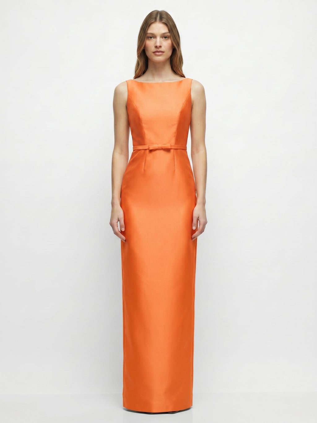 Minimalist Orange Satin Sheath Straight Neck V-Back Floor-Length Bridesmaid Dress with Bow - Curvevia