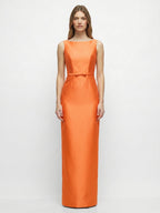 Minimalist Orange Satin Sheath Straight Neck V-Back Floor-Length Bridesmaid Dress with Bow - Curvevia