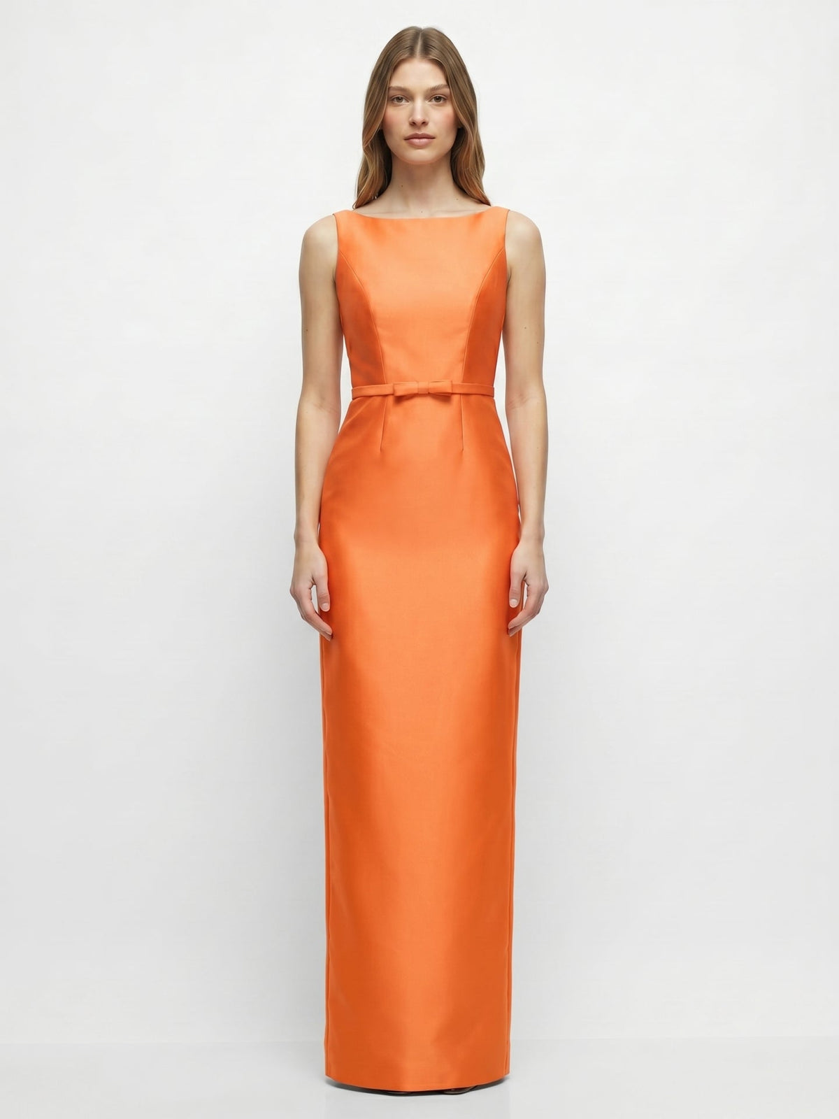 Minimalist Orange Satin Sheath Straight Neck V-Back Floor-Length Bridesmaid Dress with Bow - Curvevia