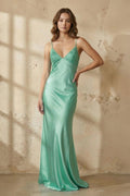 Blue Spaghetti Straps Sheath Satin Long Prom Dresses With Appliques - Curvevia