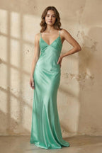 Blue Spaghetti Straps Sheath Satin Long Prom Dresses With Appliques - Curvevia