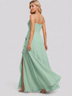 Elegant Mint Green Chiffon A-Line Straight Neck Back Zip with Ruffle Ankle-Length Bridesmaid Dress - Curvevia