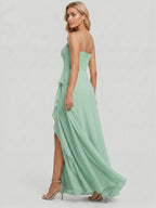 Elegant Mint Green Chiffon A-Line Straight Neck Back Zip with Ruffle Ankle-Length Bridesmaid Dress - Curvevia