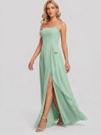 Elegant Mint Green Chiffon A-Line Straight Neck Back Zip with Ruffle Ankle-Length Bridesmaid Dress - Curvevia