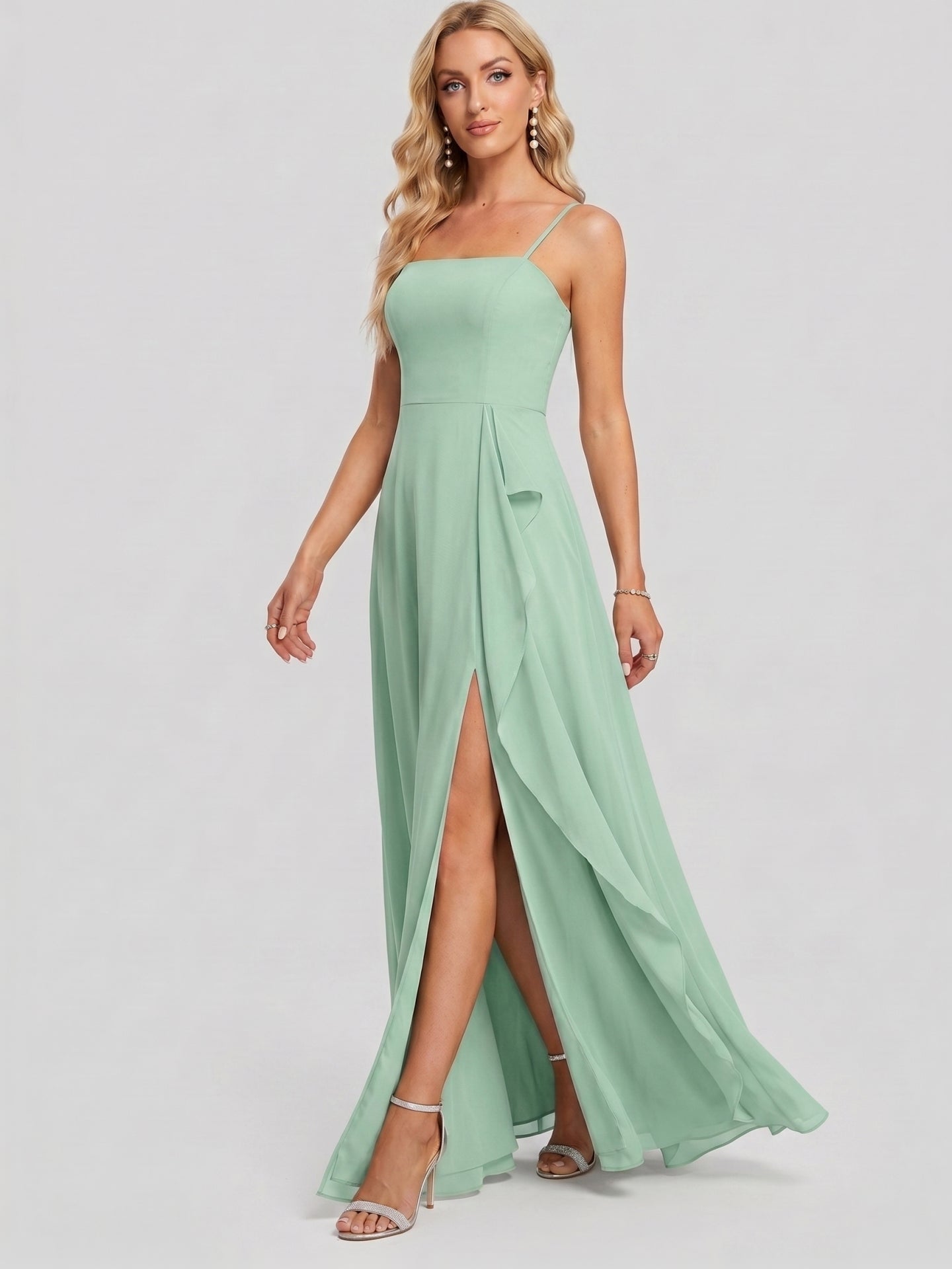 Elegant Mint Green Chiffon A-Line Straight Neck Back Zip with Ruffle Ankle-Length Bridesmaid Dress - Curvevia