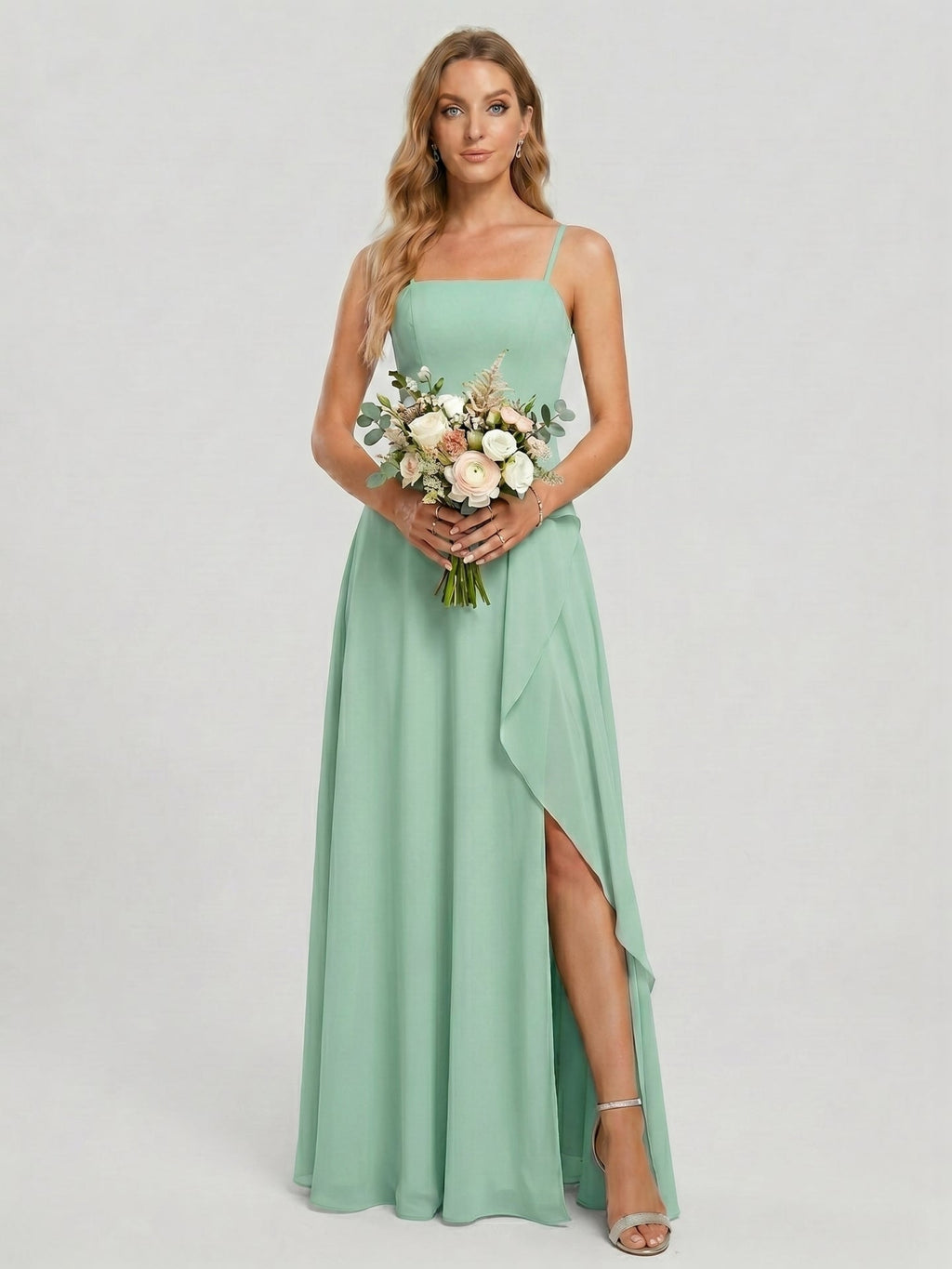 Elegant Mint Green Chiffon A-Line Straight Neck Back Zip with Ruffle Ankle-Length Bridesmaid Dress - Curvevia