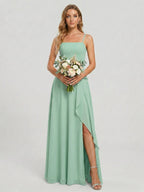 Elegant Mint Green Chiffon A-Line Straight Neck Back Zip with Ruffle Ankle-Length Bridesmaid Dress - Curvevia