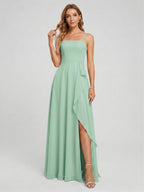 Elegant Mint Green Chiffon A-Line Straight Neck Back Zip with Ruffle Ankle-Length Bridesmaid Dress - Curvevia