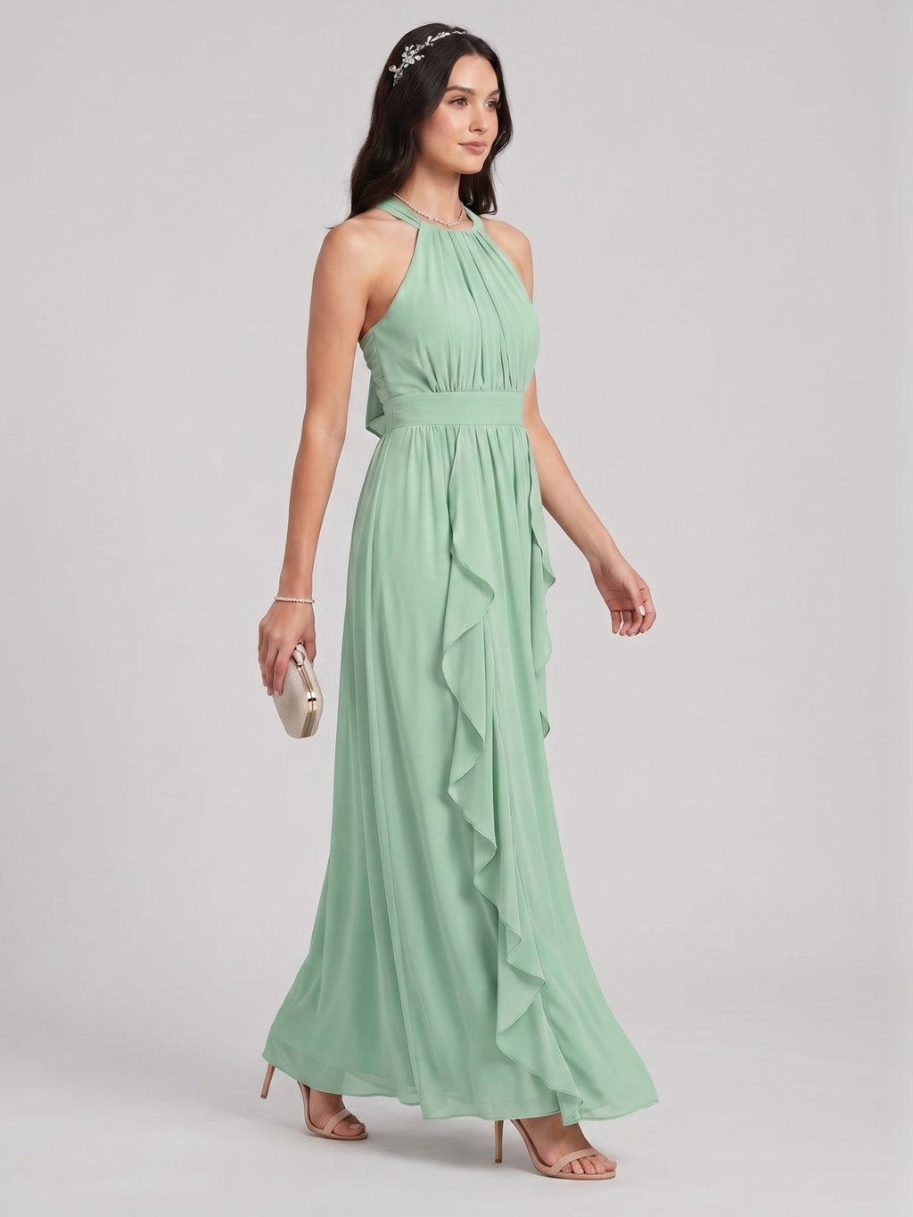 Sweet & Flowy Mint Green Chiffon A-Line Halter neckline Backless Ankle-Length Bridesmaid Dress - Curvevia