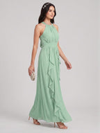 Sweet & Flowy Mint Green Chiffon A-Line Halter neckline Backless Ankle-Length Bridesmaid Dress - Curvevia