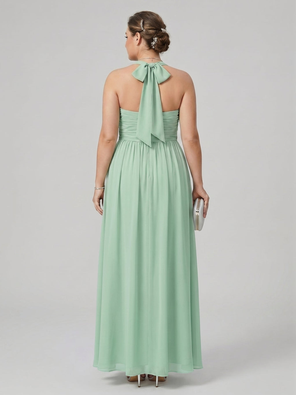 Sweet & Flowy Mint Green Chiffon A-Line Halter neckline Backless Ankle-Length Bridesmaid Dress - Curvevia