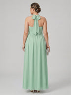 Sweet & Flowy Mint Green Chiffon A-Line Halter neckline Backless Ankle-Length Bridesmaid Dress - Curvevia