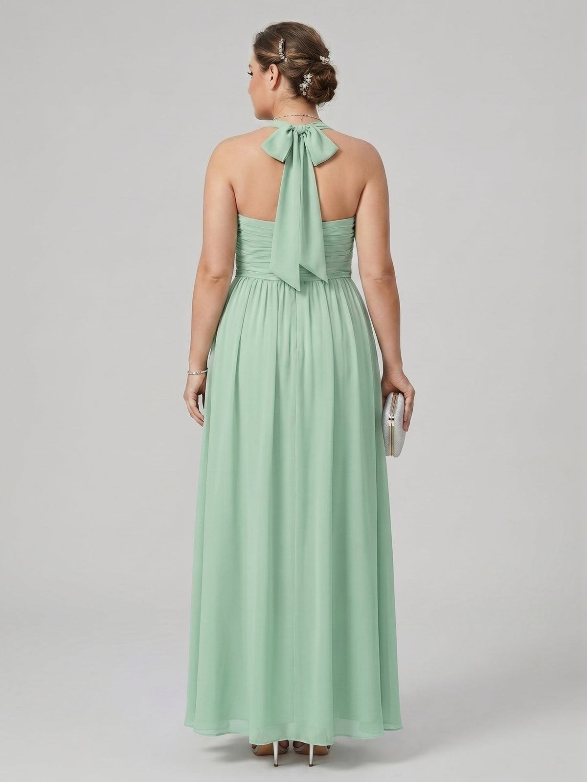 Sweet & Flowy Mint Green Chiffon A-Line Halter neckline Backless Ankle-Length Bridesmaid Dress - Curvevia