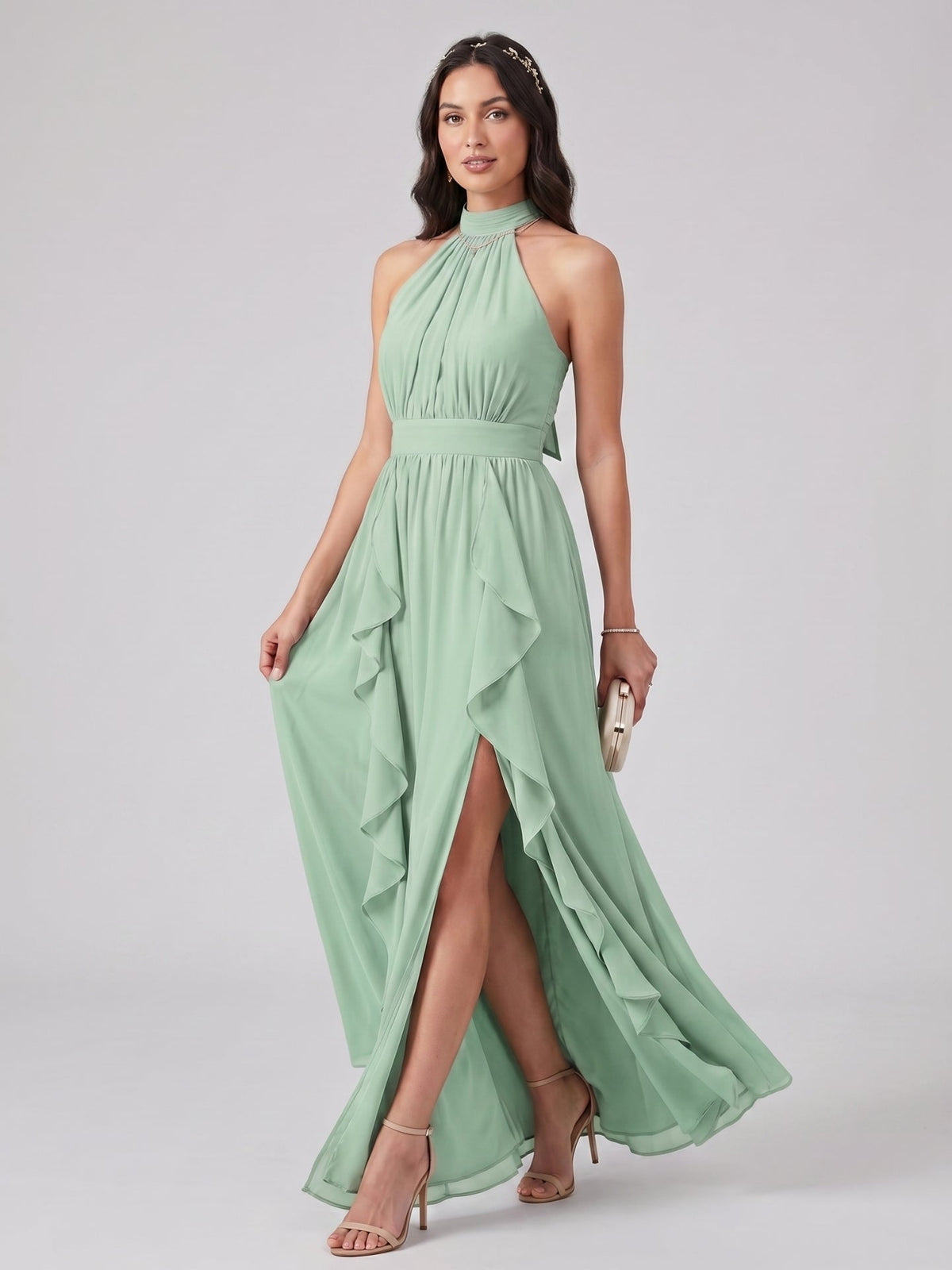 Sweet & Flowy Mint Green Chiffon A-Line Halter neckline Backless Ankle-Length Bridesmaid Dress - Curvevia