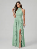 Sweet & Flowy Mint Green Chiffon A-Line Halter neckline Backless Ankle-Length Bridesmaid Dress - Curvevia