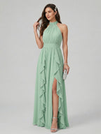 Sweet & Flowy Mint Green Chiffon A-Line Halter neckline Backless Ankle-Length Bridesmaid Dress - Curvevia