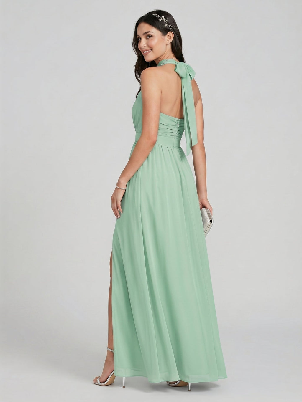 Sweet & Flowy Mint Green Chiffon A-Line Halter neckline Backless Ankle-Length Bridesmaid Dress - Curvevia