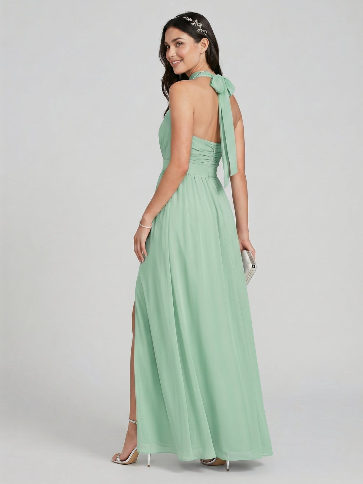 Sweet & Flowy Mint Green Chiffon A-Line Halter neckline Backless Ankle-Length Bridesmaid Dress - Curvevia