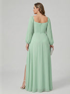 Modest Mint Green Chiffon A-Line Square Neck Back Zip Ankle-Length Bridesmaid Dress - Curvevia