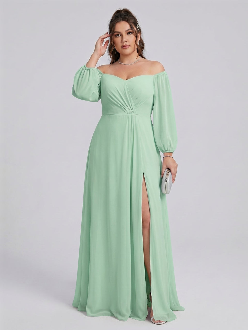 Modest Mint Green Chiffon A-Line Square Neck Back Zip Ankle-Length Bridesmaid Dress - Curvevia