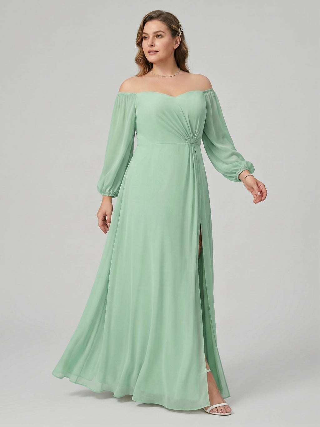 Modest Mint Green Chiffon A-Line Square Neck Back Zip Ankle-Length Bridesmaid Dress - Curvevia