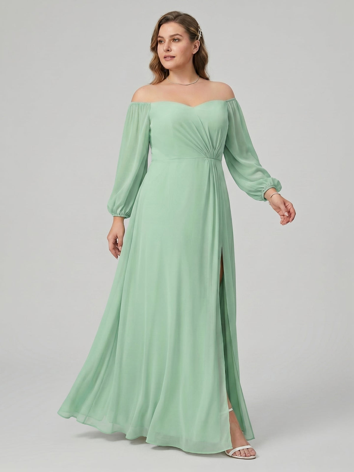 Modest Mint Green Chiffon A-Line Square Neck Back Zip Ankle-Length Bridesmaid Dress - Curvevia
