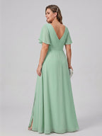 Modest Mint Green Chiffon A-Line V-Neck Back Zip Ankle-Length Plus Size Bridesmaid Dress - Curvevia
