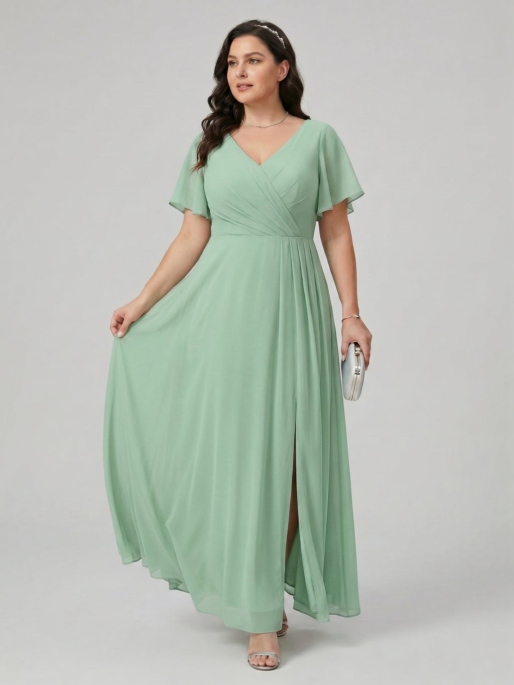 Modest Mint Green Chiffon A-Line V-Neck Back Zip Ankle-Length Plus Size Bridesmaid Dress - Curvevia