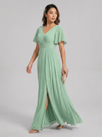 Modest Mint Green Chiffon A-Line V-Neck Back Zip Ankle-Length Plus Size Bridesmaid Dress - Curvevia