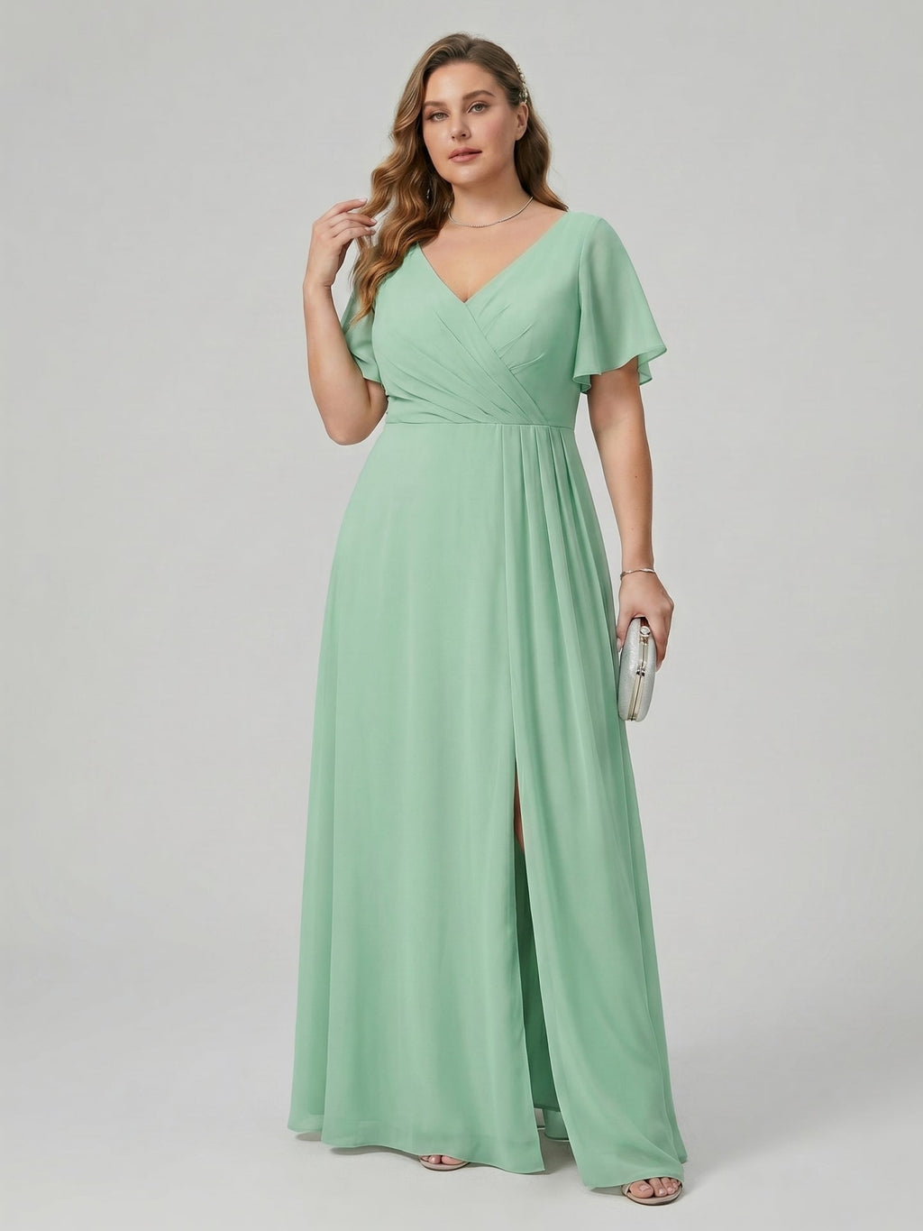 Modest Mint Green Chiffon A-Line V-Neck Back Zip Ankle-Length Plus Size Bridesmaid Dress - Curvevia