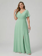 Modest Mint Green Chiffon A-Line V-Neck Back Zip Ankle-Length Plus Size Bridesmaid Dress - Curvevia