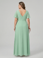 Modest Mint Green Chiffon A-Line V-Neck Back Zip Ankle-Length Plus Size Bridesmaid Dress - Curvevia