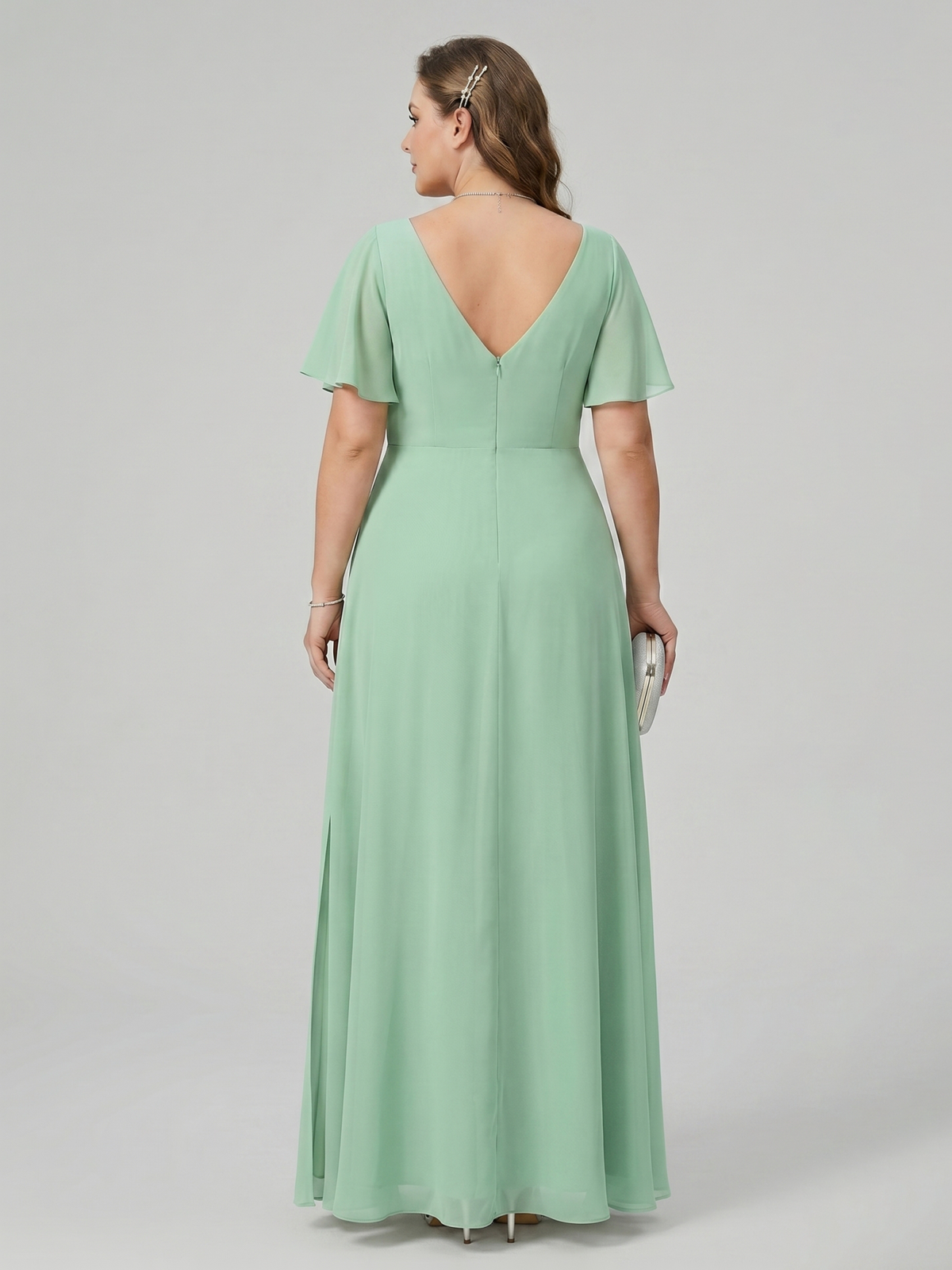 Modest Mint Green Chiffon A-Line V-Neck Back Zip Ankle-Length Plus Size Bridesmaid Dress - Curvevia