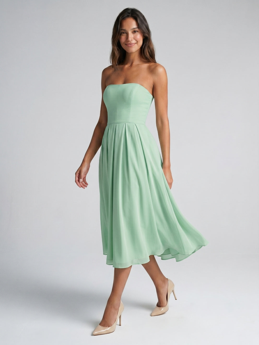 Mint Green Chiffon A-Line Straight Neck Backless Tea-Length Formal Dress with Pleating - Curvevia