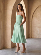 Mint Green Chiffon A-Line Straight Neck Backless Tea-Length Formal Dress with Pleating - Curvevia
