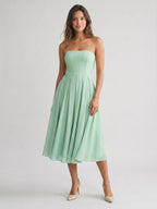 Mint Green Chiffon A-Line Straight Neck Backless Tea-Length Formal Dress with Pleating - Curvevia