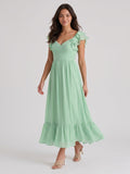Mint Green Chiffon A-Line V-Neck V-Back Ankle-Length Bridesmaid Dress with Ruffles - Curvevia