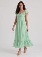 Mint Green Chiffon A-Line V-Neck V-Back Ankle-Length Bridesmaid Dress with Ruffles - Curvevia