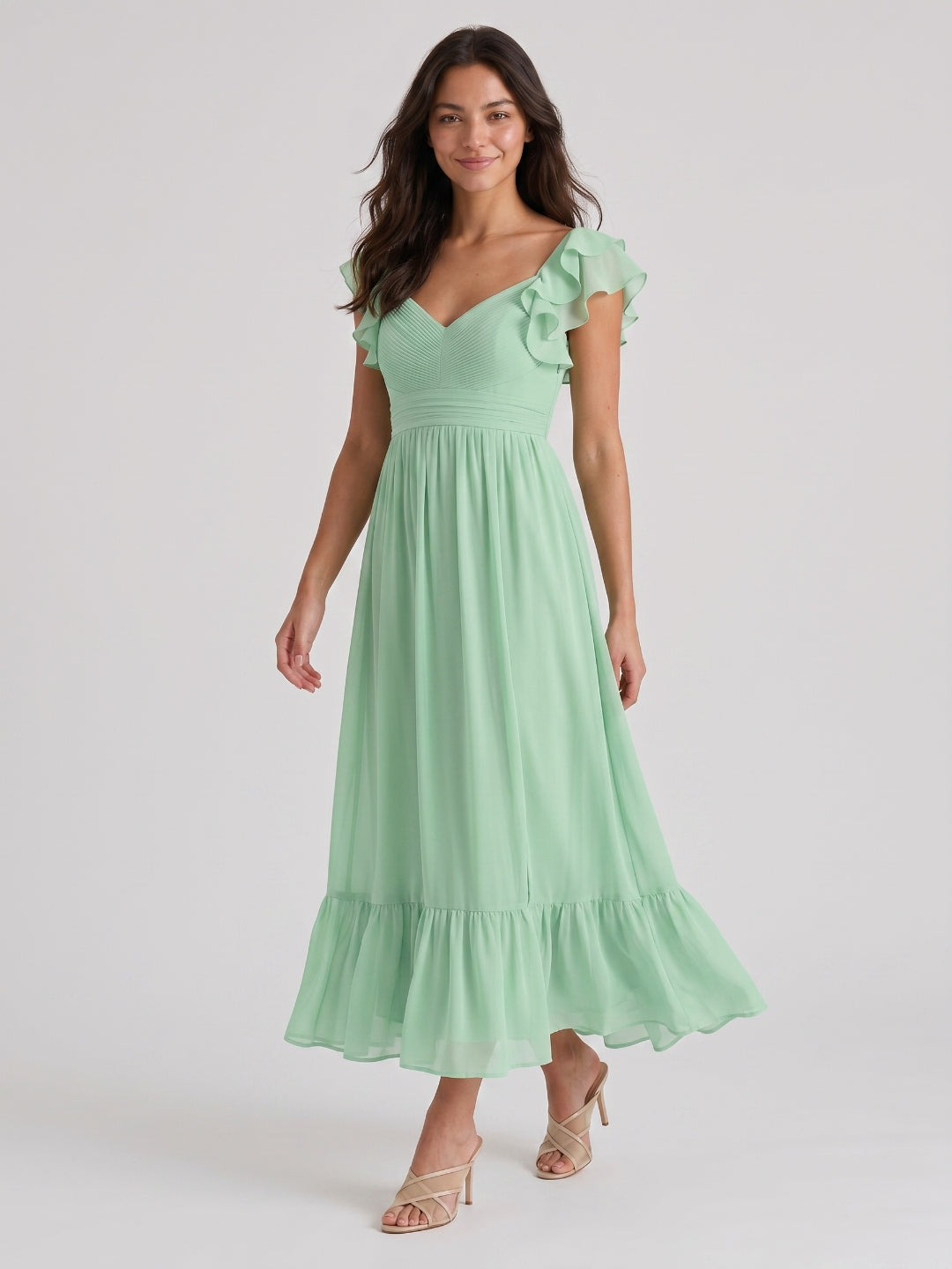 Mint Green Chiffon A-Line V-Neck V-Back Ankle-Length Bridesmaid Dress with Ruffles - Curvevia