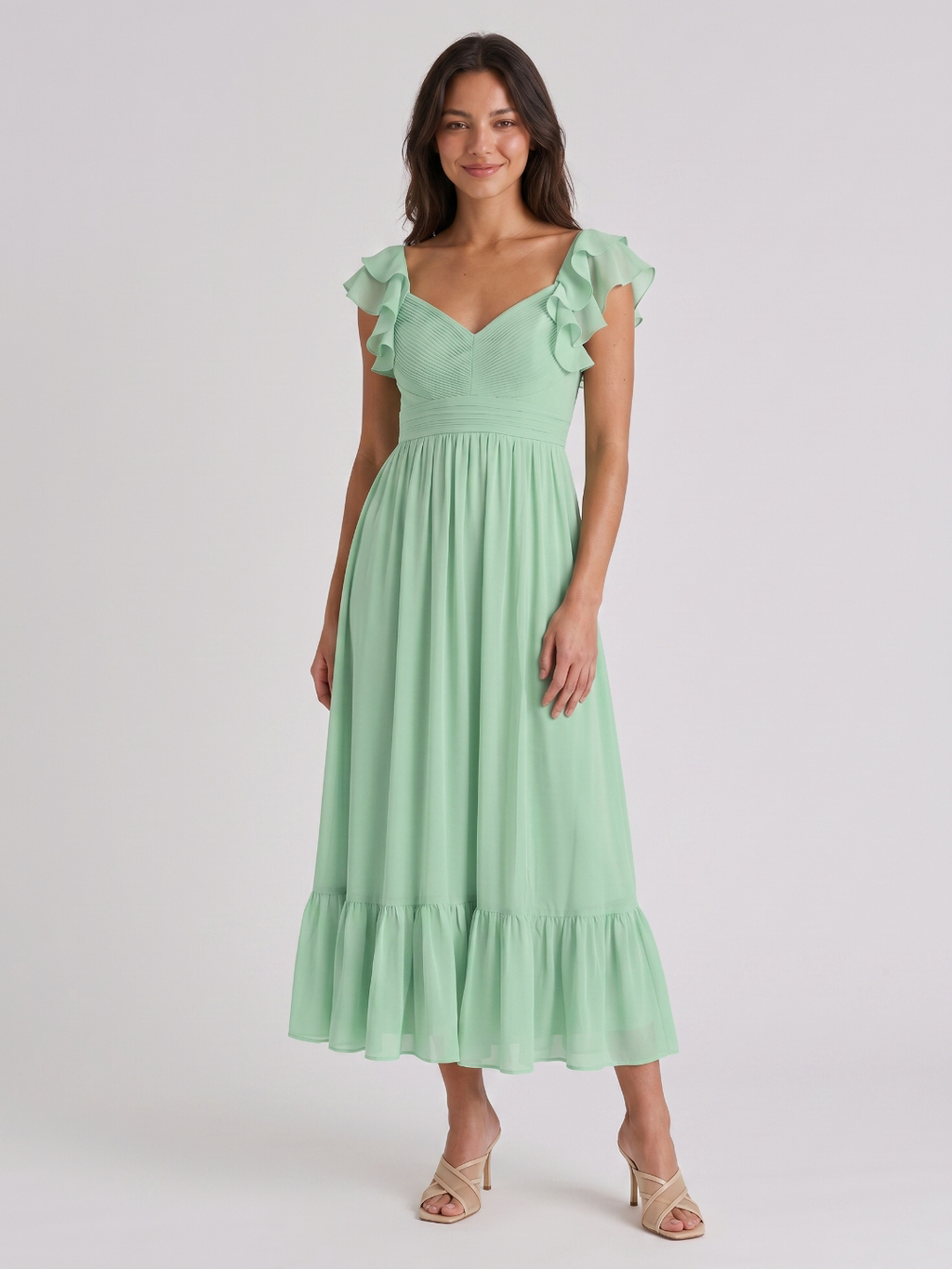 Mint Green Chiffon A-Line V-Neck V-Back Ankle-Length Bridesmaid Dress with Ruffles - Curvevia