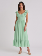 Mint Green Chiffon A-Line V-Neck V-Back Ankle-Length Bridesmaid Dress with Ruffles - Curvevia