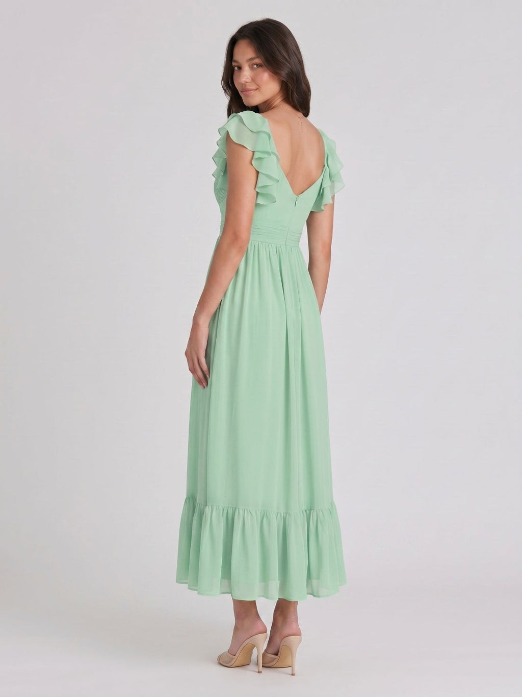Mint Green Chiffon A-Line V-Neck V-Back Ankle-Length Bridesmaid Dress with Ruffles - Curvevia